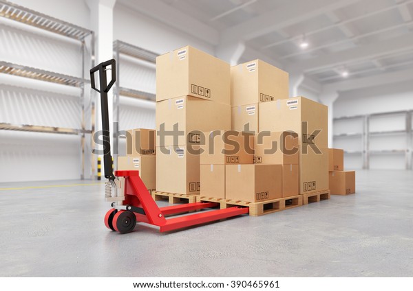 Hand\
Pallet Truck Inside the Warehouse. 3d\
illustration.