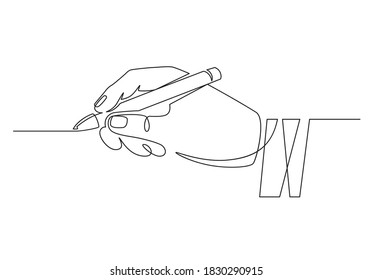 Hand With Pen. Continuous One Line Businessman Hand Holding Pencil And Writing Straight Line. Minimal Handwriting Line Concept. Worker Signing Contract, Putting Signature, Writing Or Drawing