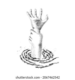 A Hand Of A Person Stuck In Mud. The Other Hand Is Dragging It Down. Drowning Hands