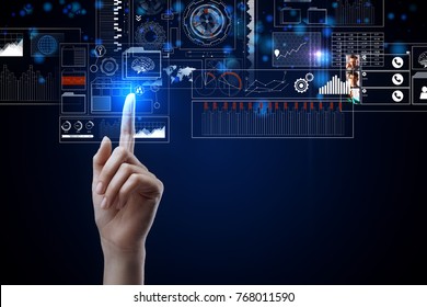 Hand pointing at abstract digital business hologram on black background. Media and touchscreen concept. 3D Rendering 