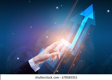 Hand pointing at abstract upward digital chart arrow on blue background. Finance concept. 3D Rendering 