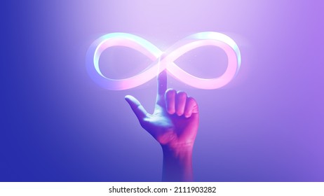 Hand pointing endless infinity sign of virtual reality metaverse digital innovation game or internet future online simulation media cyber and world communication on connection technology background.