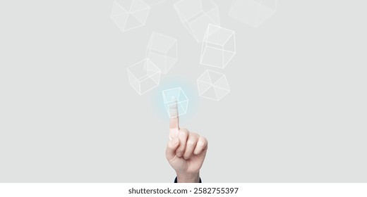 Hand pointing at floating cubes. Transparent cubes hover. Index finger touches cube. Minimalist design with geometric shapes. Interactive cube display. futuristic digital background with copy space. - Powered by Shutterstock - Get 15% off with code: PIKWIZARD15