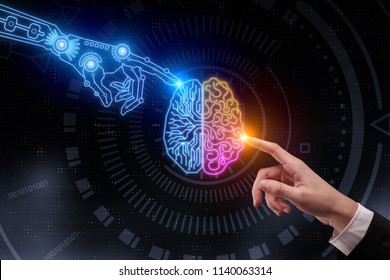 Hand Pointing At Glowing Digital Brain. Artificial Intelligence And Future Concept. 3D Rendering 