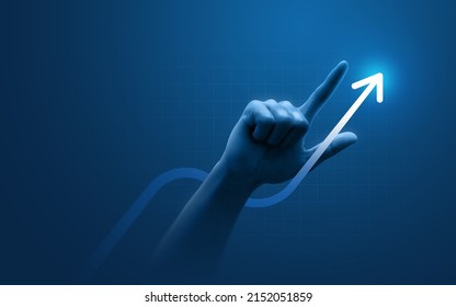 Hand Pointing Growth Arrow Success Business Target Background Of Up Icon Direction Development Graph Or Investment Finance Profit Stock Market Chart Symbol And Goal Achievement On Economy Marketing.