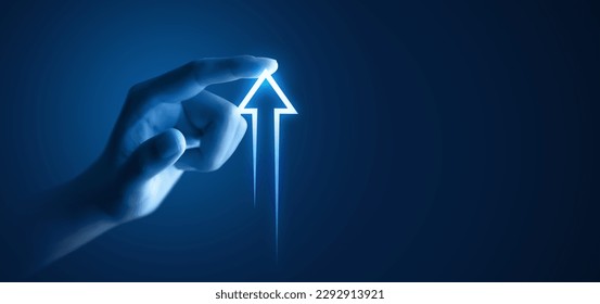 Hand pointing growth strategy arrow success business marketing concept on goal development background with economy objective achievement or competition financial target plan profit opportunity sale. - Powered by Shutterstock