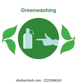 Hand Points With A Finger To A Bottle With A Dispenser -  Quality Control Of Environmentally Friendly Products. Greenwashing