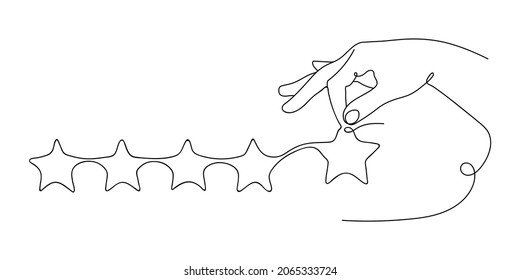 The Hand points to the Stars. Line art drawing. Continuous black and white drawing on a white background. An illustration for evaluating the Rating of something. Icon for rating, Reviews, feedback.