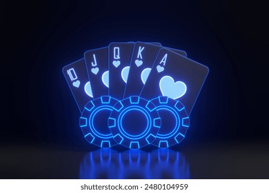 A hand of poker cards from ten to ace in the hearts suit illuminated in neon blue, flanked by glowing casino chips, set against a dark background. 3D render illustration - Powered by Shutterstock