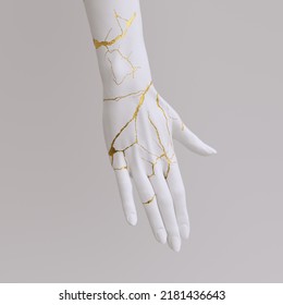 Hand Pose Sculpture With Gold Cracks 3d Rendering