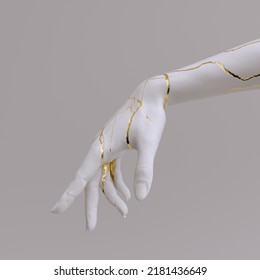 Hand Pose Sculpture With Gold Cracks 3d Rendering