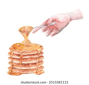 Hand pouring honey syrup from a spoon over freshly baked pancakes. Honey drips and flows. Hand drawn watercolor dessert illustration isolated on white background. Delicious clipart for food design - Powered by Shutterstock