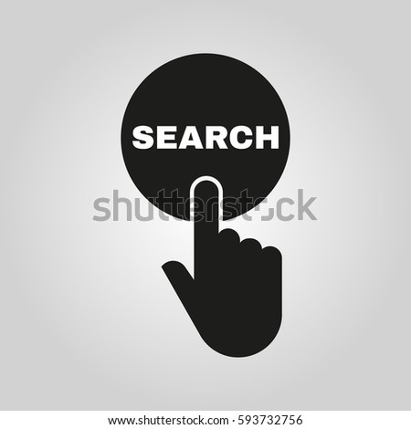 Hand pressing a button with the text SEARCH icon. Seek, look symbol. Flat design. Stock -  illustration