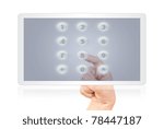 Hand pressing digital button on the white tablet isolate on the white.