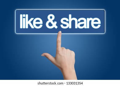 Hand pressing like & share button isolated on blue background