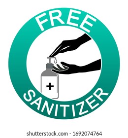 There’s A Hand Pressing A Soap Dispenser And Another Hand Is Waiting For A Soap Drop. Concept About Health, Hygiene, Hospitality, Medical, Disease, Viruses And Etc. Free Hands Sanitizer Sign.