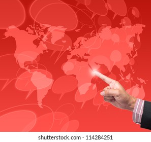 Hand pushing comment button on a touch screen interface