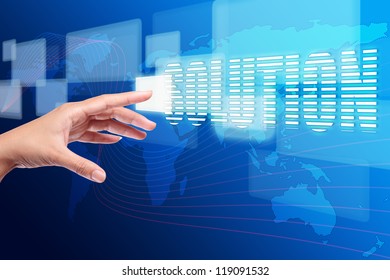 hand pushing a solution button on touch screen interface , hi-technology
