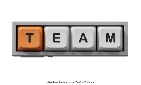 The hand puts a Computer keyboard keys with the letter T from the word Team. The word is written on Computer keyboard keys.close up of Computer keyboard keys.3D rendering on Green Screen.