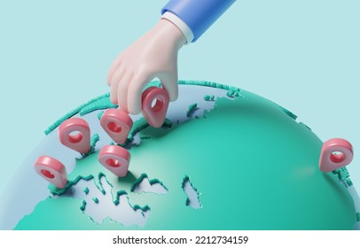 Hand Putting New Map Pin On Earth, Global Business Expansion, Investment Growth Concept, 3d Render Illustration.