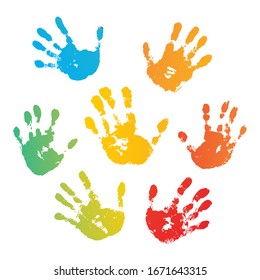 Hand Rainbow Print Isolated On White Background. Color Child Handprint. Creative Paint Hands Prints. Happy Childhood Design. Artistic Kids Stamp, Bright Human Fingers And Palm Illustration