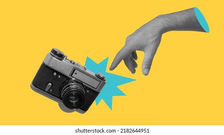 The Hand Reaches Out To Touch The Vintage Photo Camera. Creative Pop Art Collage . Photography And Photographer Background. Black And White On A Yellow Background. Photo Courses Banner