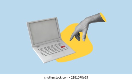 The Hand Reaches For The Red Button On The Laptop. Vintage Art Collage. Presentation, Message Background. 3d Render