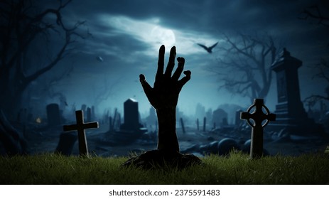 Hand of risen dead from grave in cemetery, Halloween grave crosses, zombies at night. 3d render - Shutterstock ID 2375591483