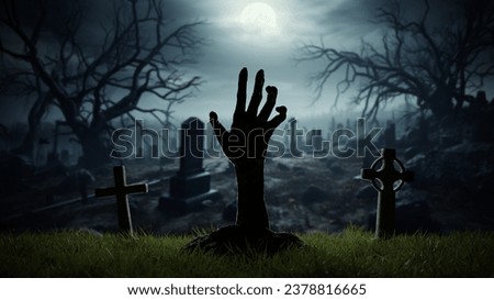 Hand of risen dead from grave in cemetery, Halloween grave crosses, zombies at night. 3d render