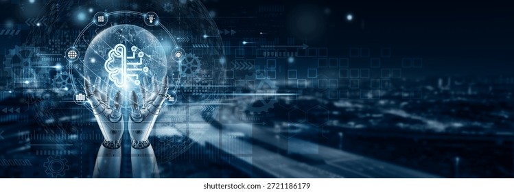 Hand of robot holding machine learning model on global network connection, predictive analytics, data training, AI optimization, intelligent decision-making, automated algorithms, digital innovation