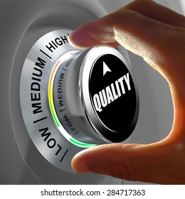 Hand rotating a button and selecting the level of quality. This concept illustration is a metaphor for choosing the level of quality. Three levels are available: low, medium and high.