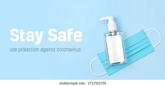 Hand Sanitizer Gel In A Plastic Mini Pump Bottle And Surgery Mask. Use Protection Against Coronavirus .3D Rendering.