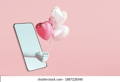 Hand Sent Heart Balloons On Pastel Pink Background. Valentine Concept. 3d Rendering