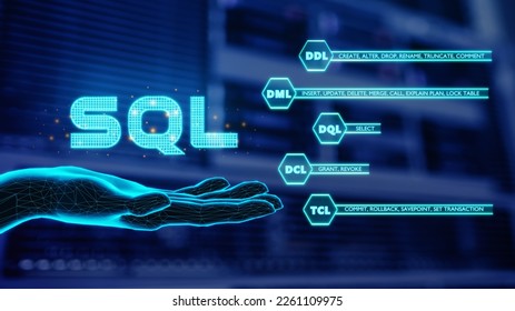 Hand showing SQL word with Database server background. SQL commands are mainly categorized into five categories as DDL, DQL, DML, DCL, TCL. Concept of Structured Query Language code. 3D render.