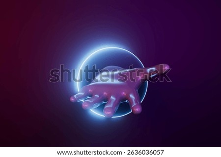 A hand is shown in a circle. The hand is made of plastic. The circle is purple