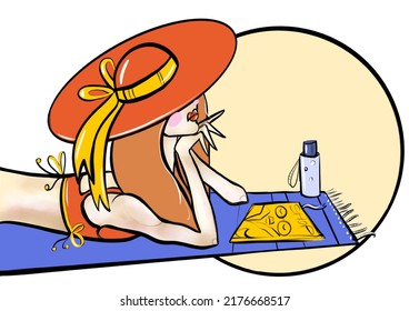 hand sketch illustration fashion woman lies sunbathing in a swimsuit and a big hat from the sun vacation by the sea character bright colors - Powered by Shutterstock