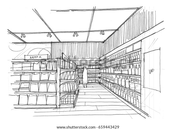 スーパーマーケットの手描きの遠近法 のイラスト素材