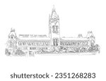 Hand Sketched Black and White Illustration of Chennai Central Station - Famous Monument In Madras