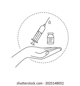 hand, syringe and vaccine. concept of medical care, need for cosmetic injections, vaccination, treatment, cosmetology, botox. black simple sketch linear design template on white background for web adv