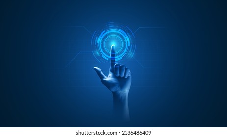 Hand Touch Digital Hud Interface Futuristic Technology Background Of Virtual Computer Screen Display Ui Future Concept Or Cyber Communication Hologram And Innovation Internet System On Vr Cyberspace.