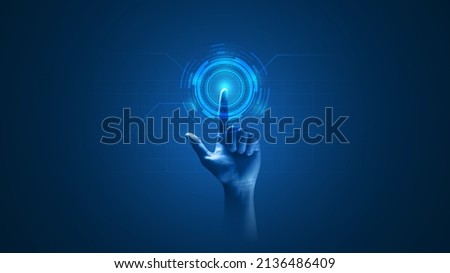 Hand touch digital hud interface futuristic technology background of virtual computer screen display ui future concept or cyber communication hologram and innovation internet system on vr cyberspace. Photo stock © 