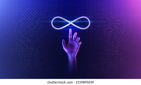 Hand touch metaverse infinite loop unlimited technology futuristic digital connection background of virtual reality cyberpunk world or internet game innovation cyber network and hologram experience.
