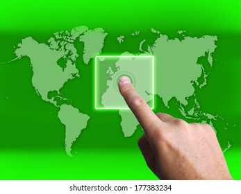 Hand Touch Touchscreen On World Map Showing Internet WWW