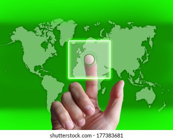 Hand Touch Touchscreen On World Map Showing Internet WWW