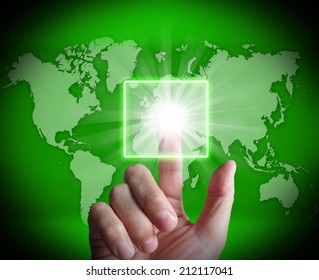 Hand Touch Touchscreen On World Map Showing Internet Web
