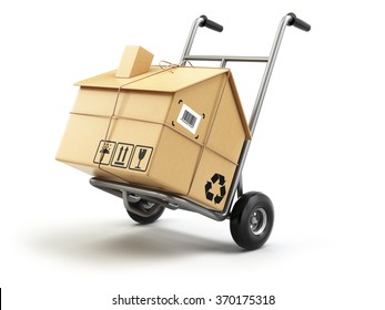 Hand Truck With Cardboard Box As Home Isolated On White. Delivery Or Moving House Concept. 3d