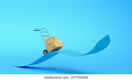 Hand truck with cargo moving on arrow line up. Growth and development of delivery shipment business. Relocation, delivery, logistics and distribution. Minimal composition. 3d illustration. 3d render. - Powered by Shutterstock