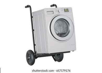 Hand Truck With Washing Machine. Appliance Delivery, 3D Rendering