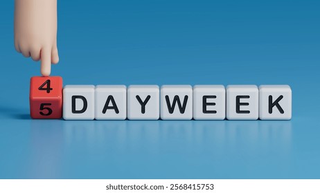 Hand turns a dice and changes the expression 5 day week to 4 day week.Businessman hand. Business concept. Copy space.3D rendering on blue background.