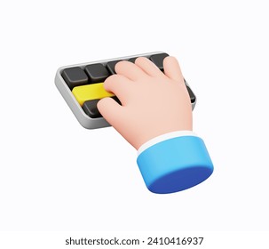 Hand typing on keyboard isolated. Human hand gesture cartoon icon. 3D Illustration.